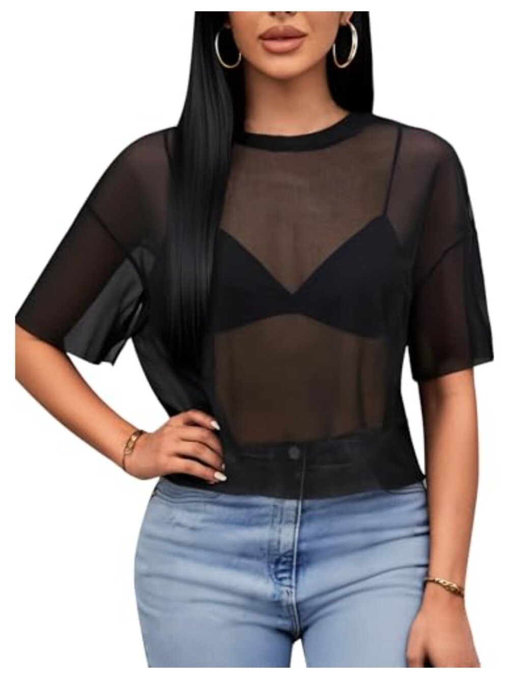 Womens Sheer Mesh Crop Top Short Sleeve Crewneck Loose Fit Tee